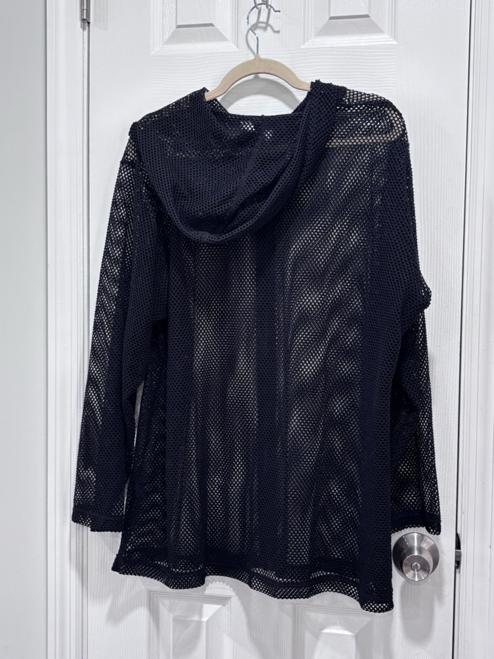 Black Sheer Mesh Zip-Front Swim Coverup Hoodie - Picture 3 of 6